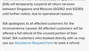 Singapore Airlines приостанавливает полеты в Москву